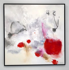 Thinking - contemporary bright cool abstract painting on canvas, framed