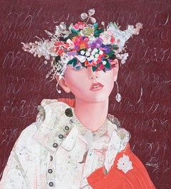 Floras Minds #43 by Minas Halaj, Oil painting and mixed media, woman and flowers
