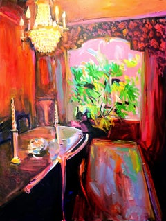 Conversations, Impressionist style orange interior painting, Oil on canvas