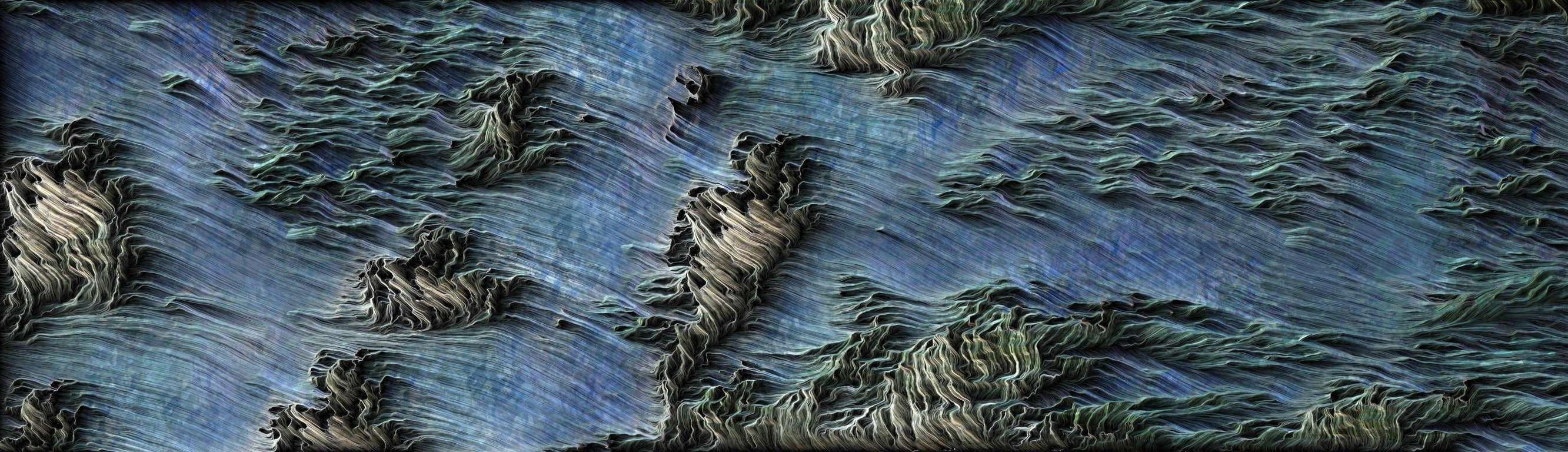 Peruvian Streams, abstract digital artwork in blues, engraved on aluminum