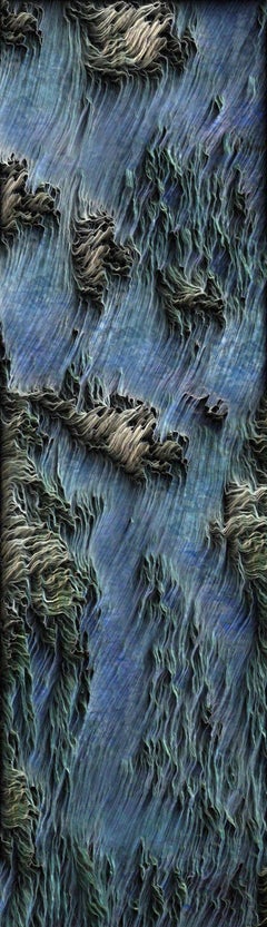 Peruvian Streams, abstract wavy artwork in blues, greys, engraved on aluminum