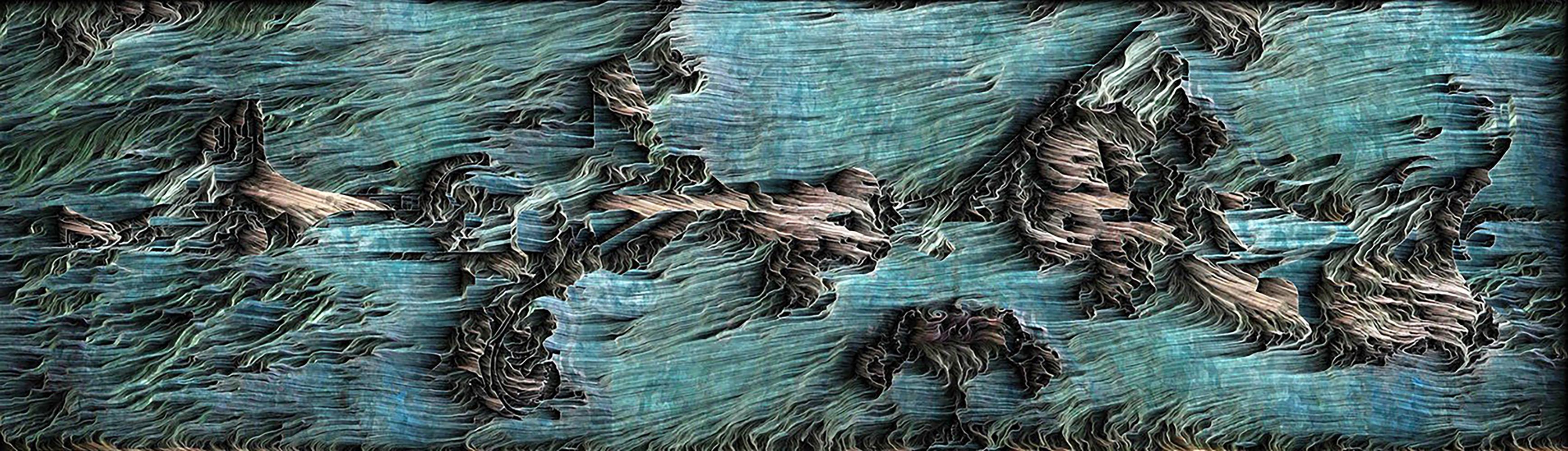 Cuzco, Contemporary digital artwork, computational engraving on aluminum, greens