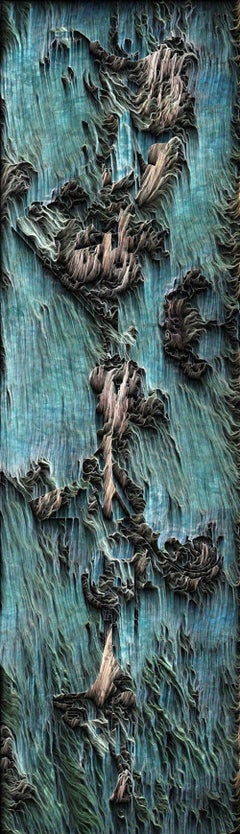 Cuzco, Contemporary digital artwork, computational engraving on aluminum, greens