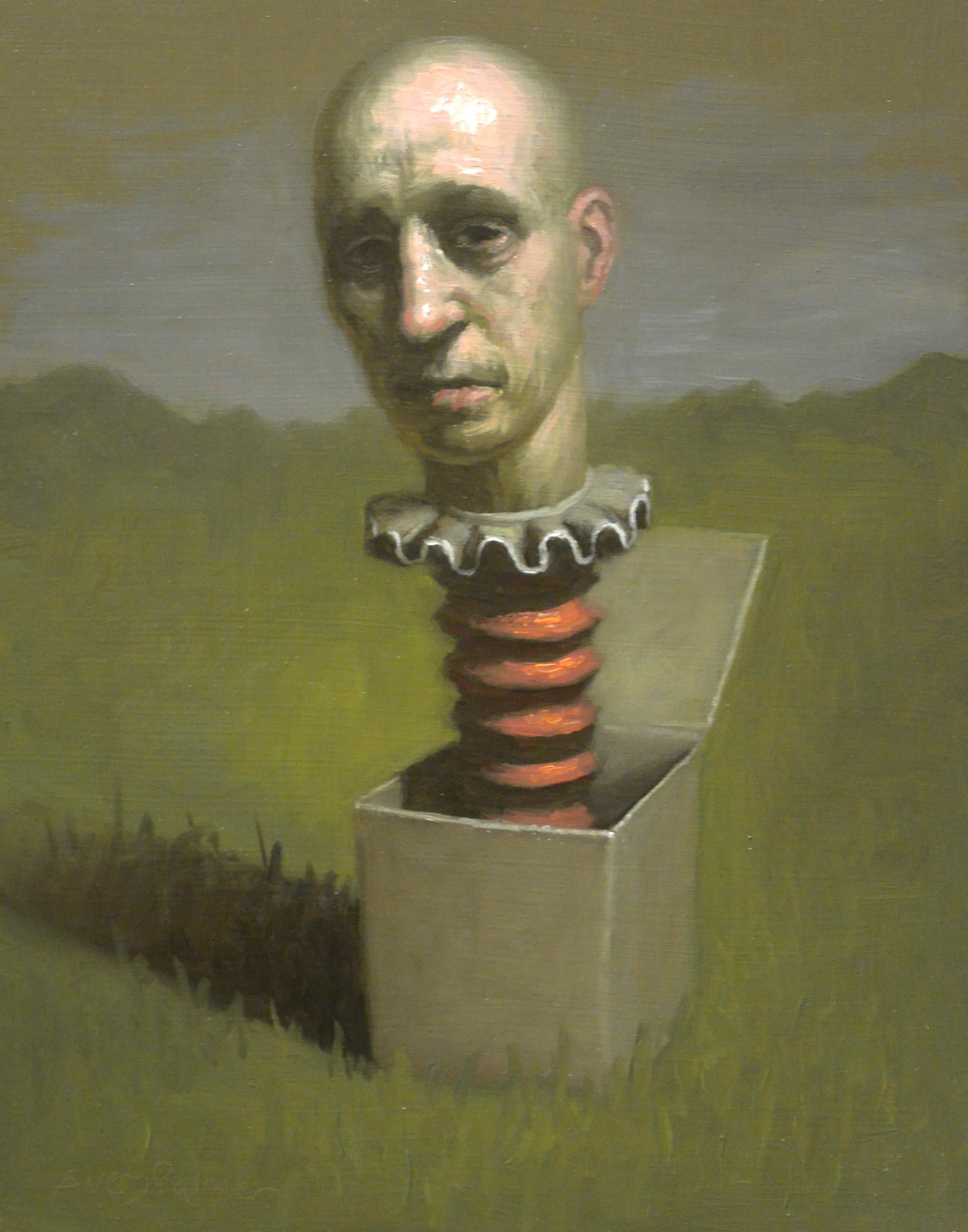 "Man Thinking Outside the Box" by Avery Palmer is an oil painting on hardboard. It features a pop surreal figure literally coming out of a toy box. Each Avery Palmer artwork comes mounted in a traditional style frame.
The framed dimensions of this