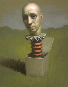 Man Thinking Outside the Box, Avery Palmer, Oil on board, pop surreal figure