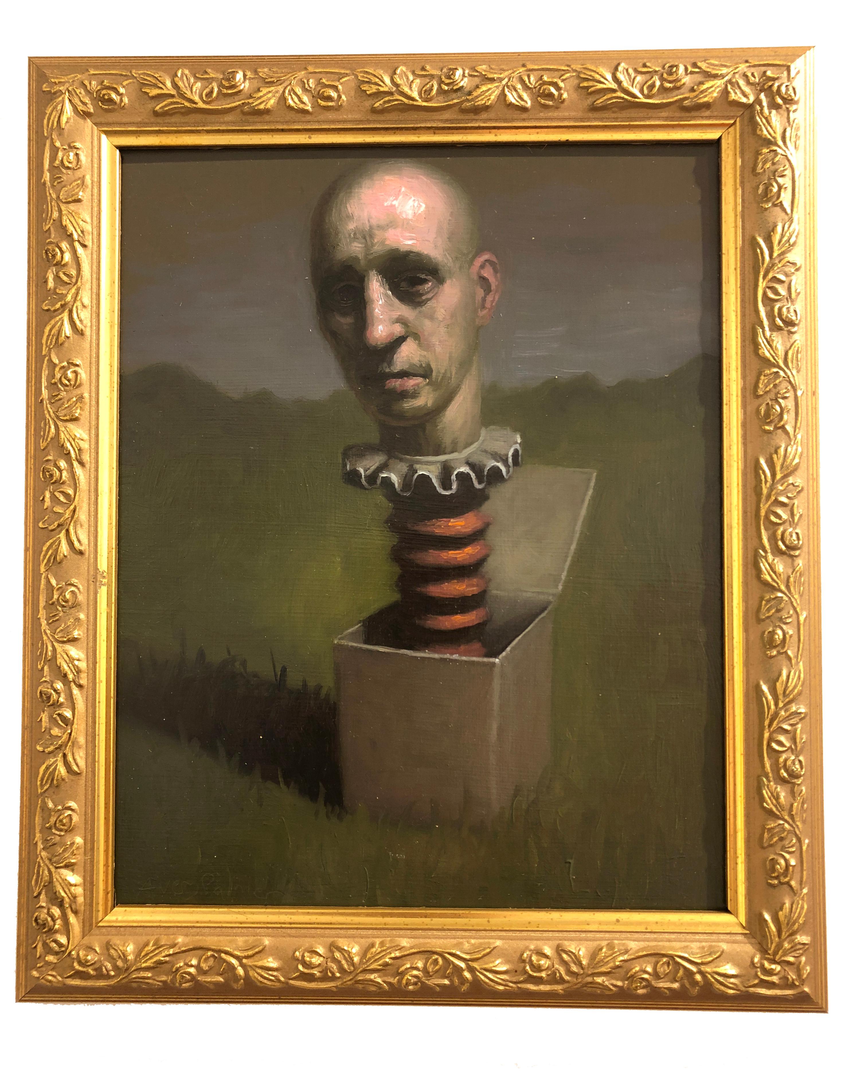 Man Thinking Outside the Box, Avery Palmer, Oil on board, pop surreal figure 1
