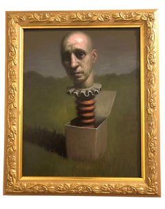 Man Thinking Outside the Box, Avery Palmer, Oil on board, pop surreal figure