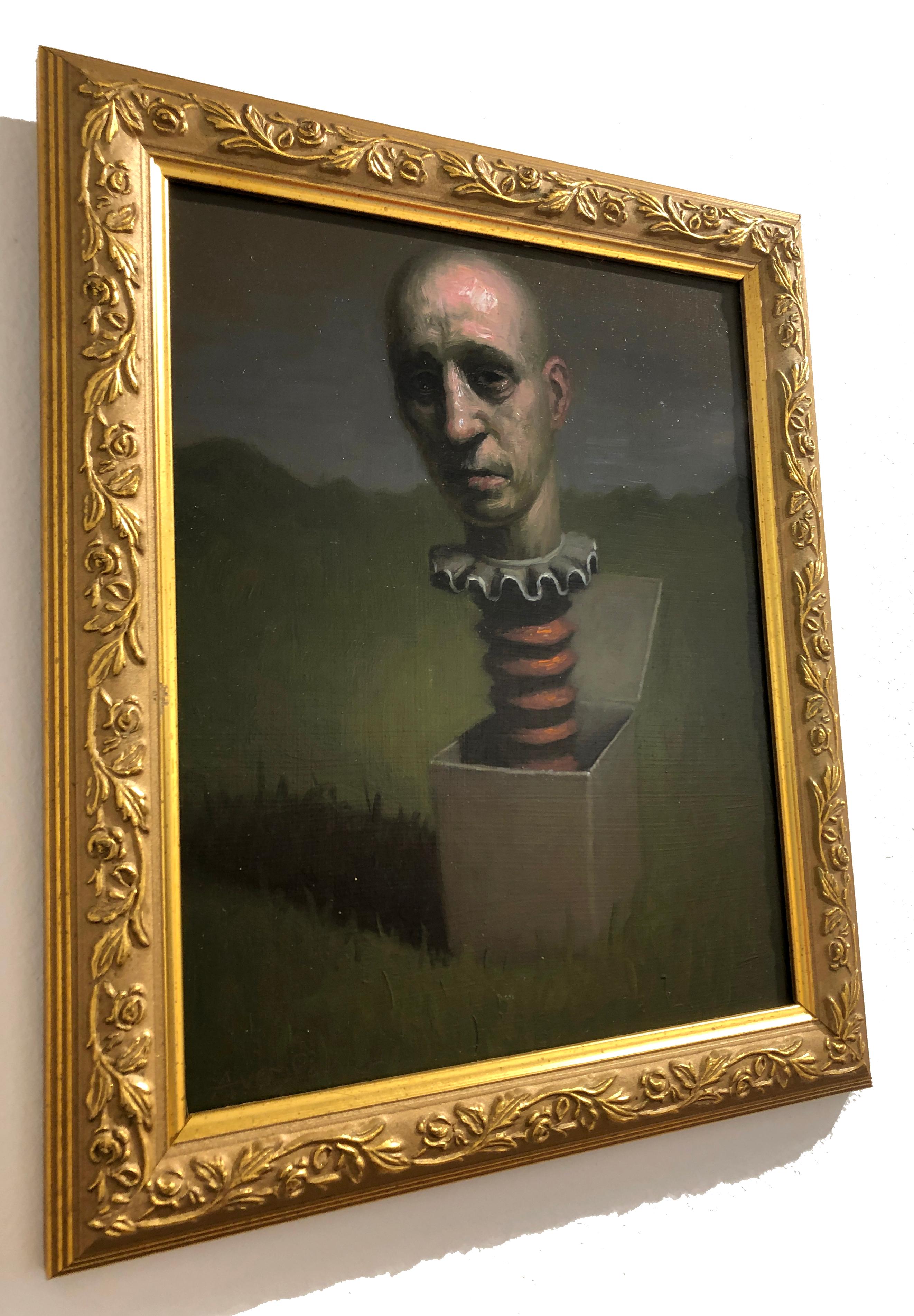 Man Thinking Outside the Box, Avery Palmer, Oil on board, pop surreal figure 2