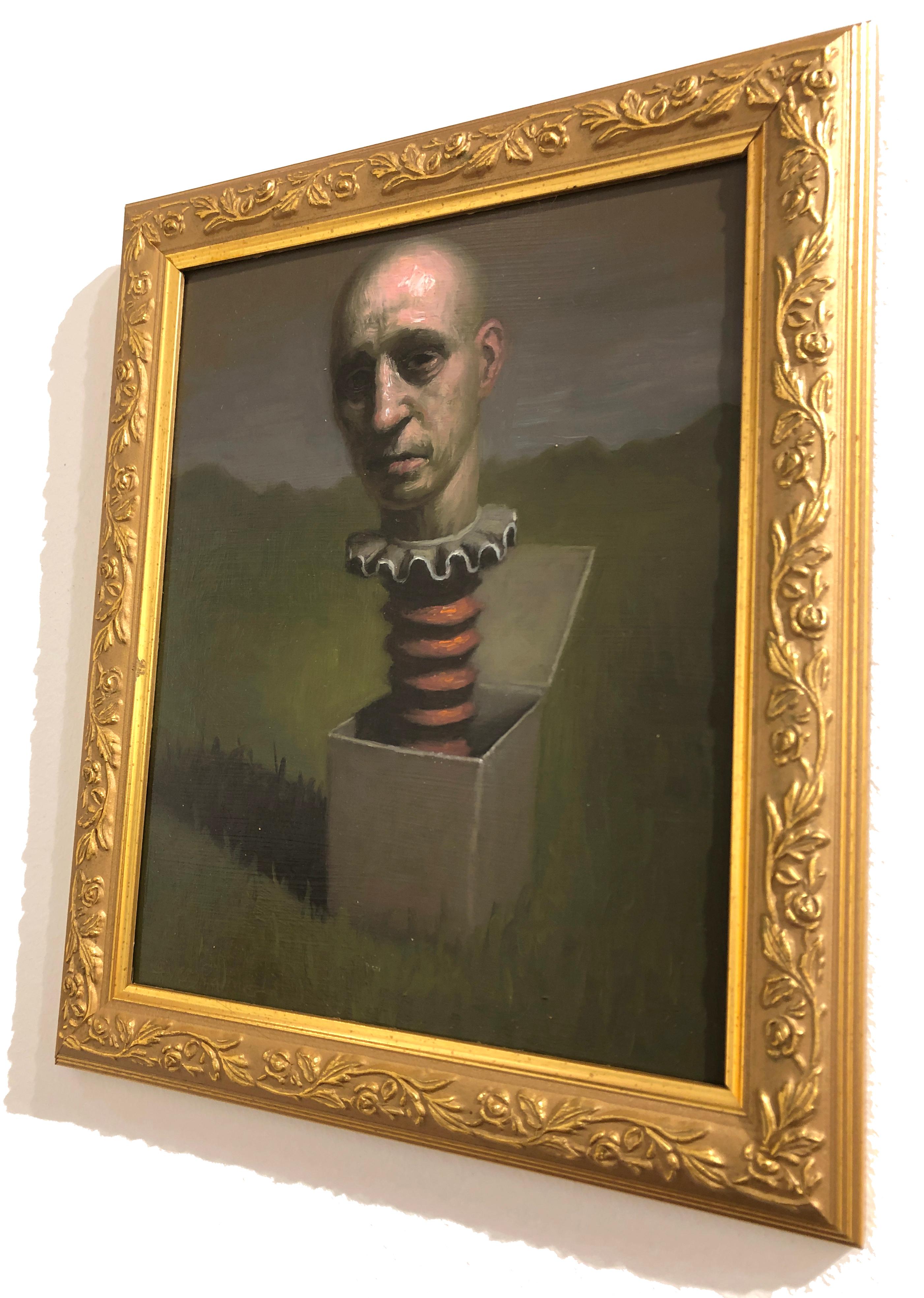 Man Thinking Outside the Box, Avery Palmer, Oil on board, pop surreal figure 3
