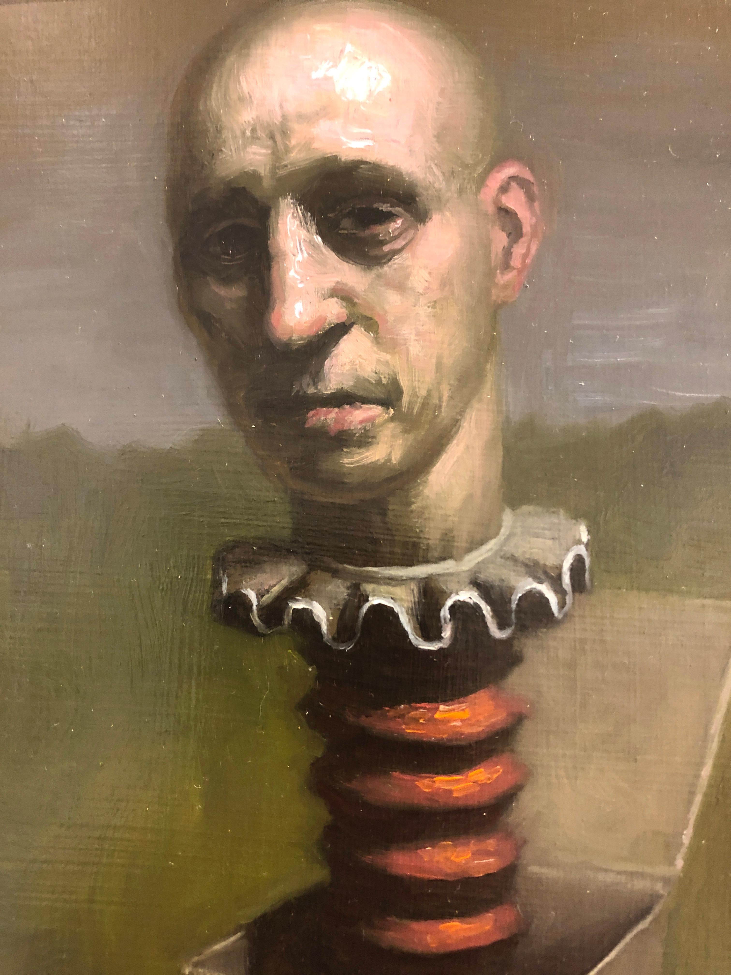 Man Thinking Outside the Box, Avery Palmer, Oil on board, pop surreal figure 4