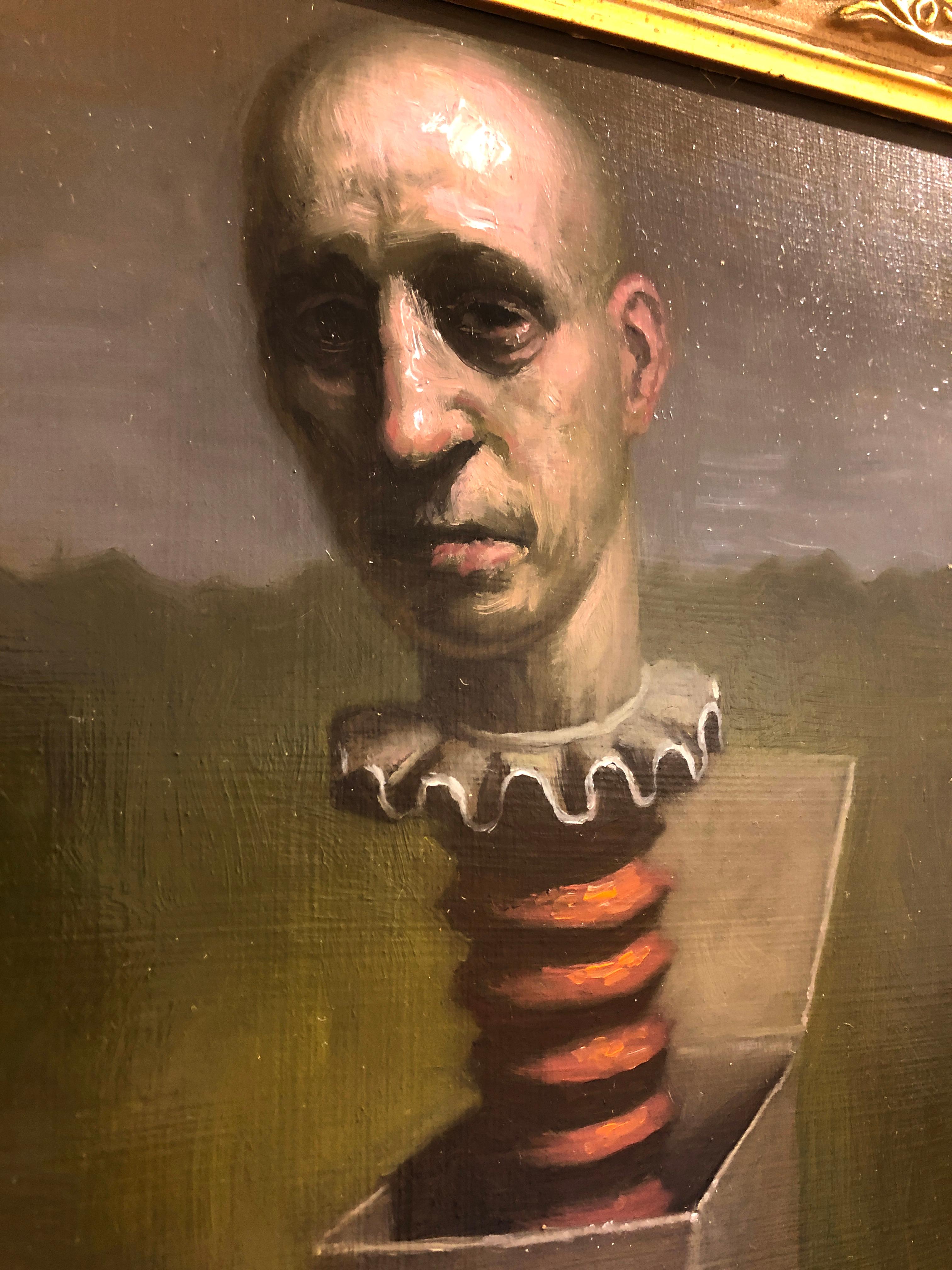 Man Thinking Outside the Box, Avery Palmer, Oil on board, pop surreal figure 5