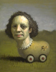 Woman in Yellow, Avery Palmer, Oil painting, pop surreal figure as toy, outdoors