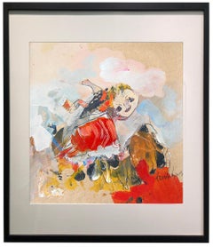 Flying Boy - whimsical, colorful original oil painting - expressive & figurative