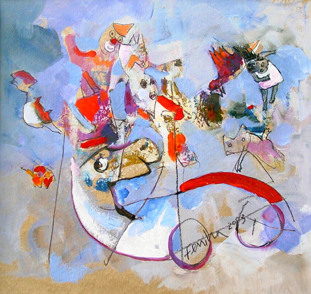 Ferija Tugrann Figurative Painting - The Circus Show - whimsical, colorful original oil painting- expressive 
