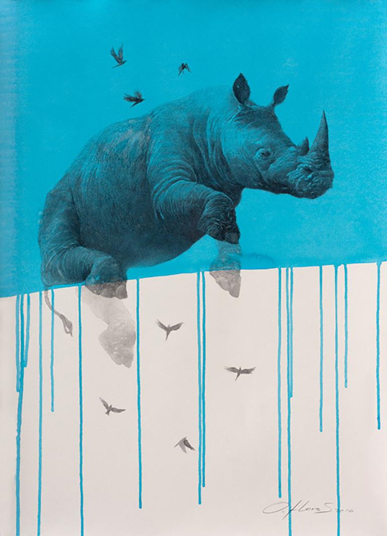 Oliver Flores Animal Art - Jouney No. 4 Blue Rhino, watercolor & charcoal of flying rhinoceros and birds