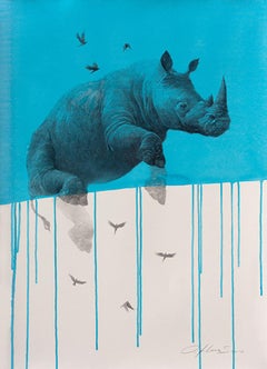 Jouney No. 4 Blue Rhino, watercolor & charcoal of flying rhinoceros and birds
