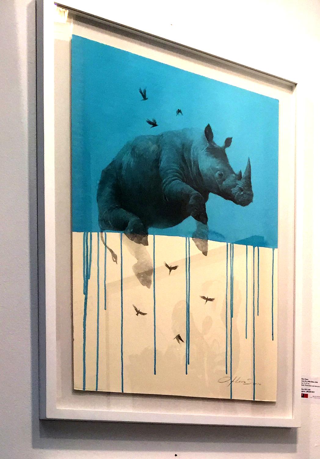 Jouney No. 4 Blue Rhino, watercolor & charcoal of flying rhinoceros and birds - Art by Oliver Flores