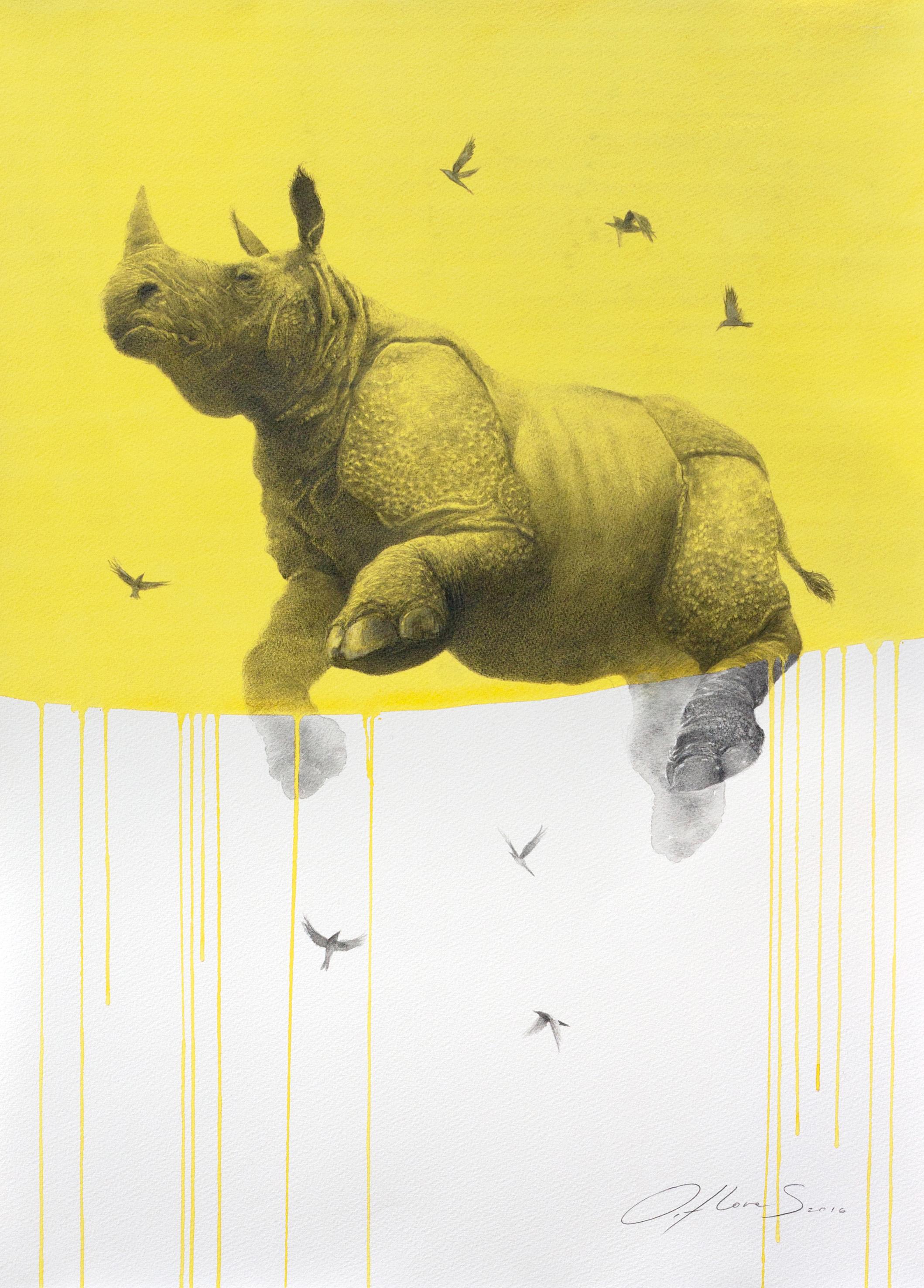 Jouney No. 5 Yellow Rhino, watercolor & charcoal of flying rhinoceros and birds