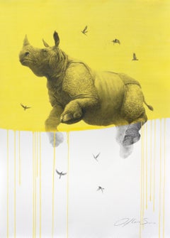 Jouney No. 5 Yellow Rhino, watercolor & charcoal of flying rhinoceros and birds