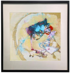 Girl playing with Dog - whimsical, colorful original oil painting- expressive