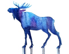 ""Constellation Moose", blaue Moose in Aquarellfarbe und Bleistift auf Aquarellpapier