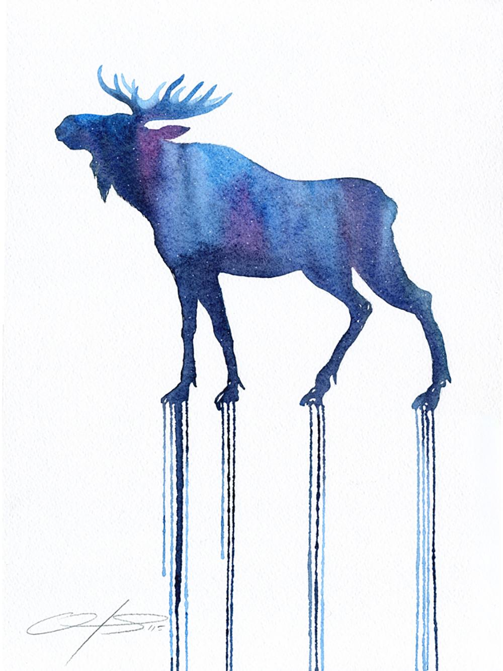Oliver Flores Animal Painting - "Constellation Moose", watercolor & pencil blue moose on watercolor paper