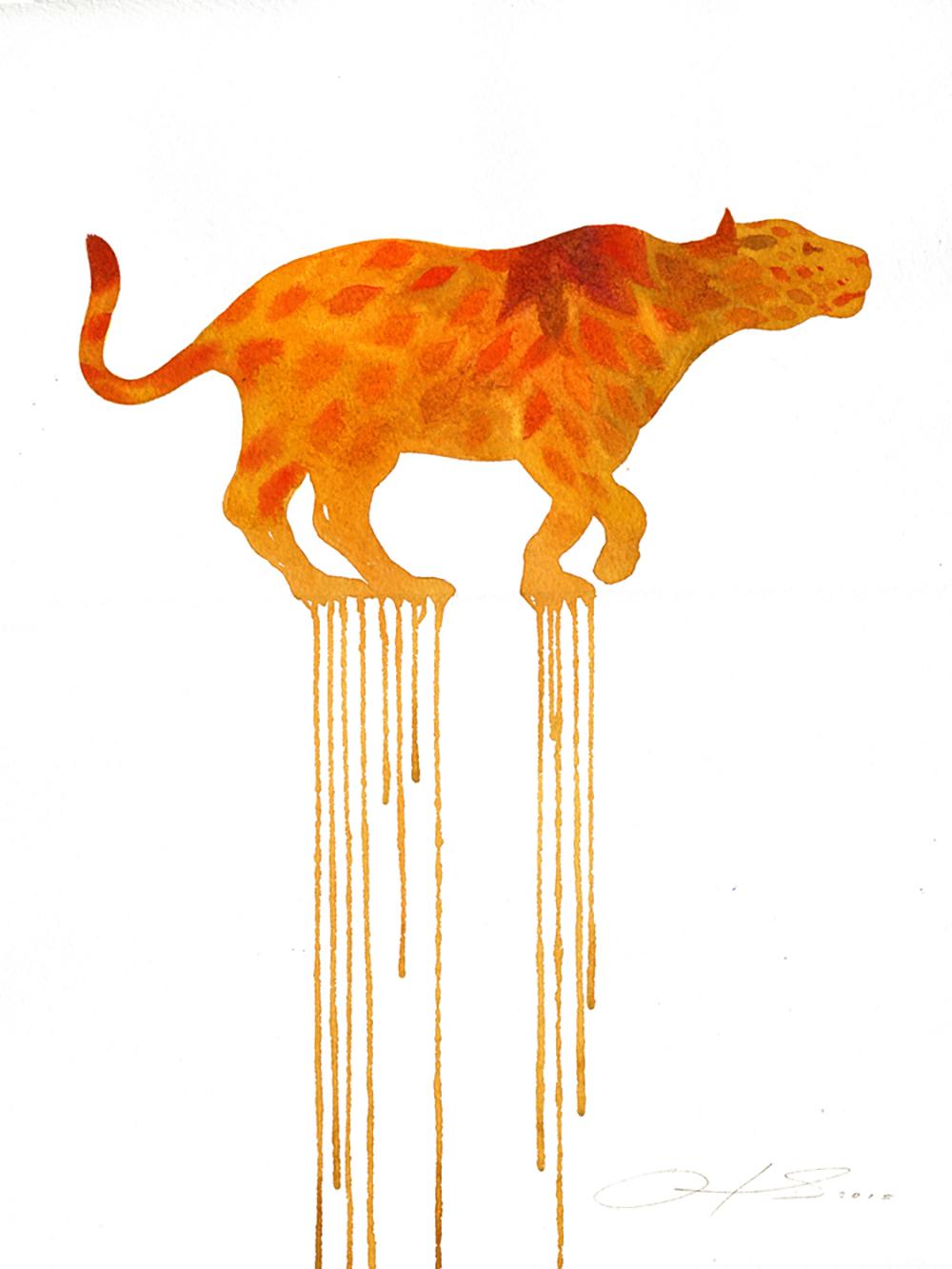 Oliver Flores Animal Art – „ „Blooming Jaguar““, Aquarell- und Bleistiftillustration auf Aquarellpapier