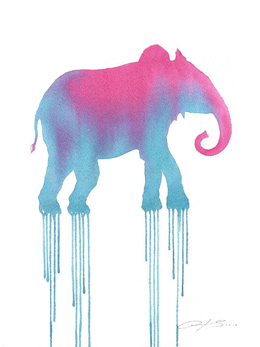 Oliver Flores Animal Painting - "Pink Elephant", watercolor & pencil blue moose on watercolor paper