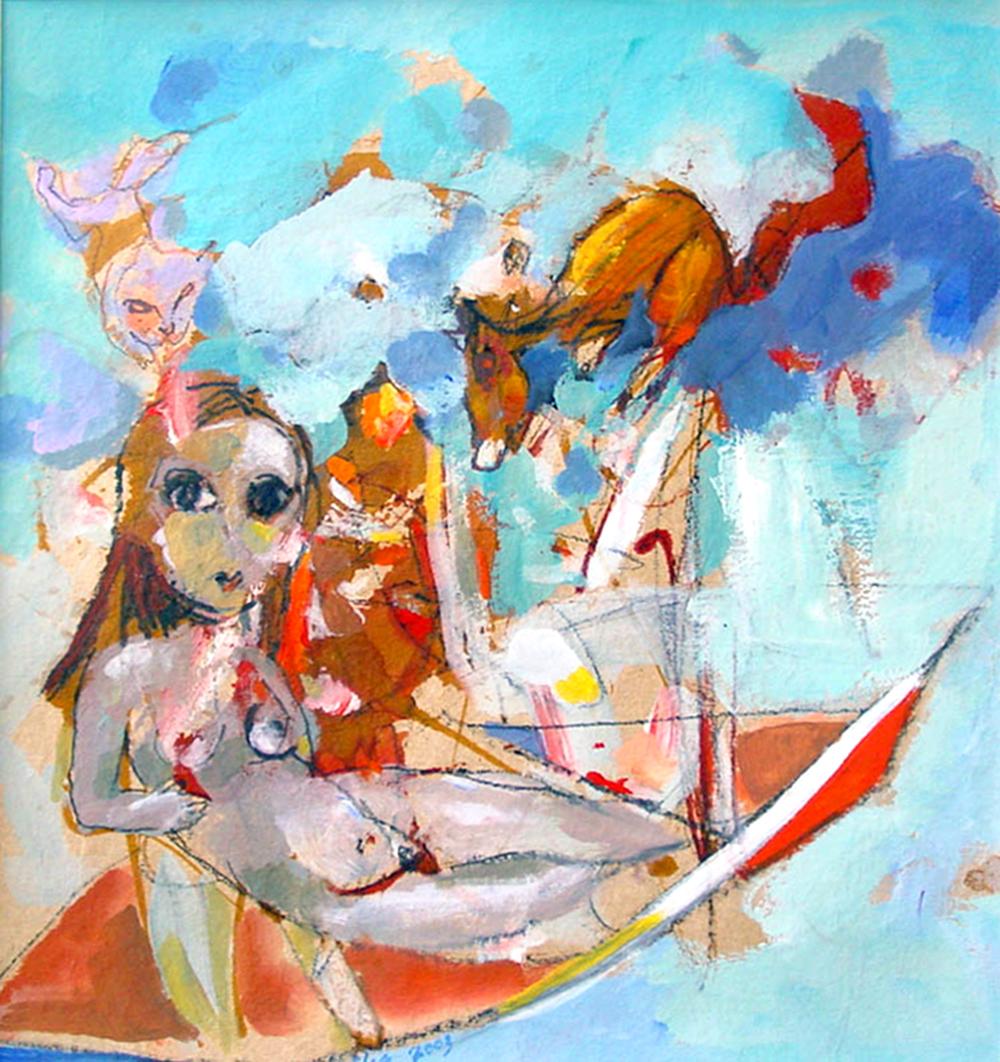 Girl on Boat – skurriles, farbenfrohes Originalgemälde – ausdrucksstark und figurativ