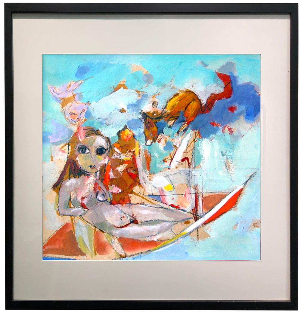 Girl on Boat - whimsical, colorful original painting- expressive & figurative - Painting by Ferija Tugrann