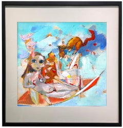 Girl on Boat – skurriles, farbenfrohes Originalgemälde – ausdrucksstark und figurativ