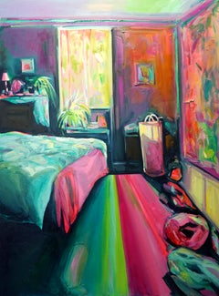 Resolution, Oil on canvas, bright and colorful textured bedroom interior