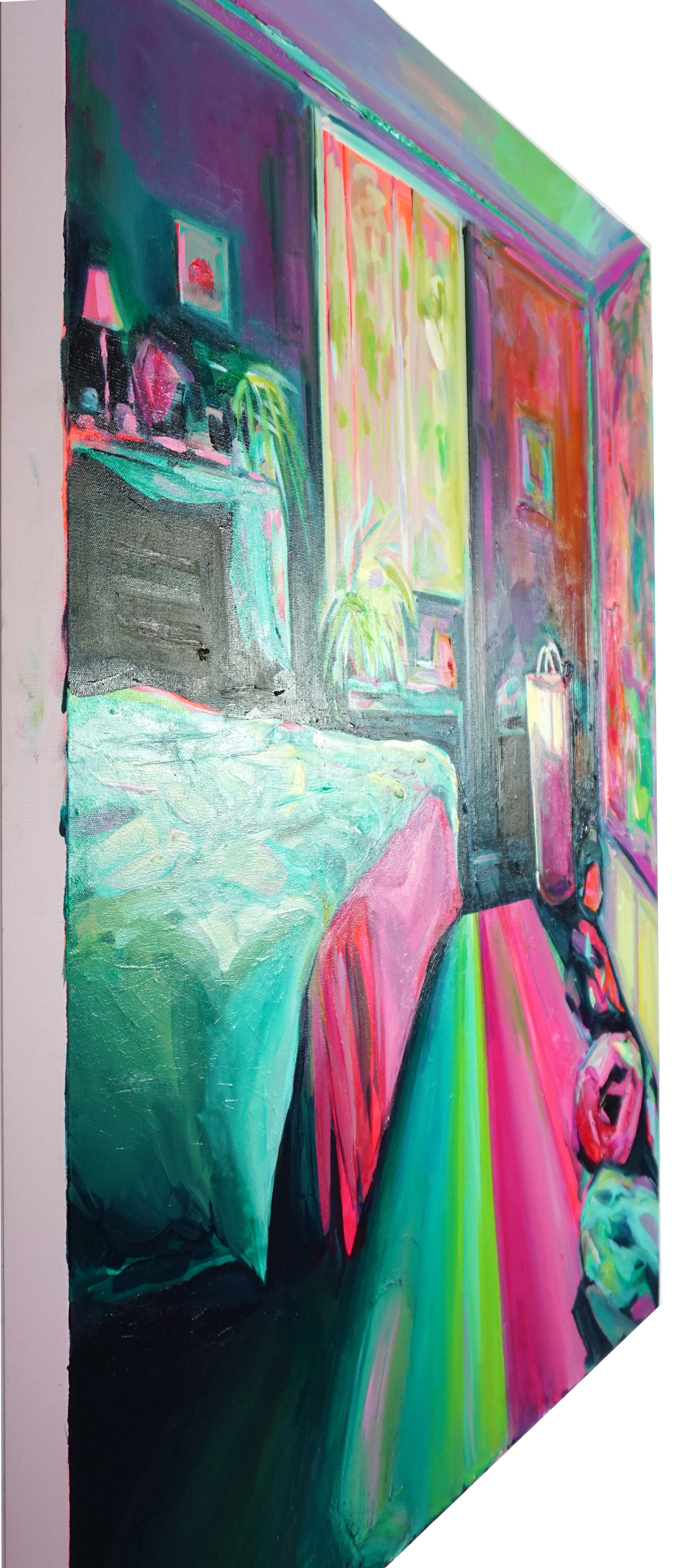 Resolution, Oil on canvas, bright and colorful textured bedroom interior - Painting by Ekaterina Popova