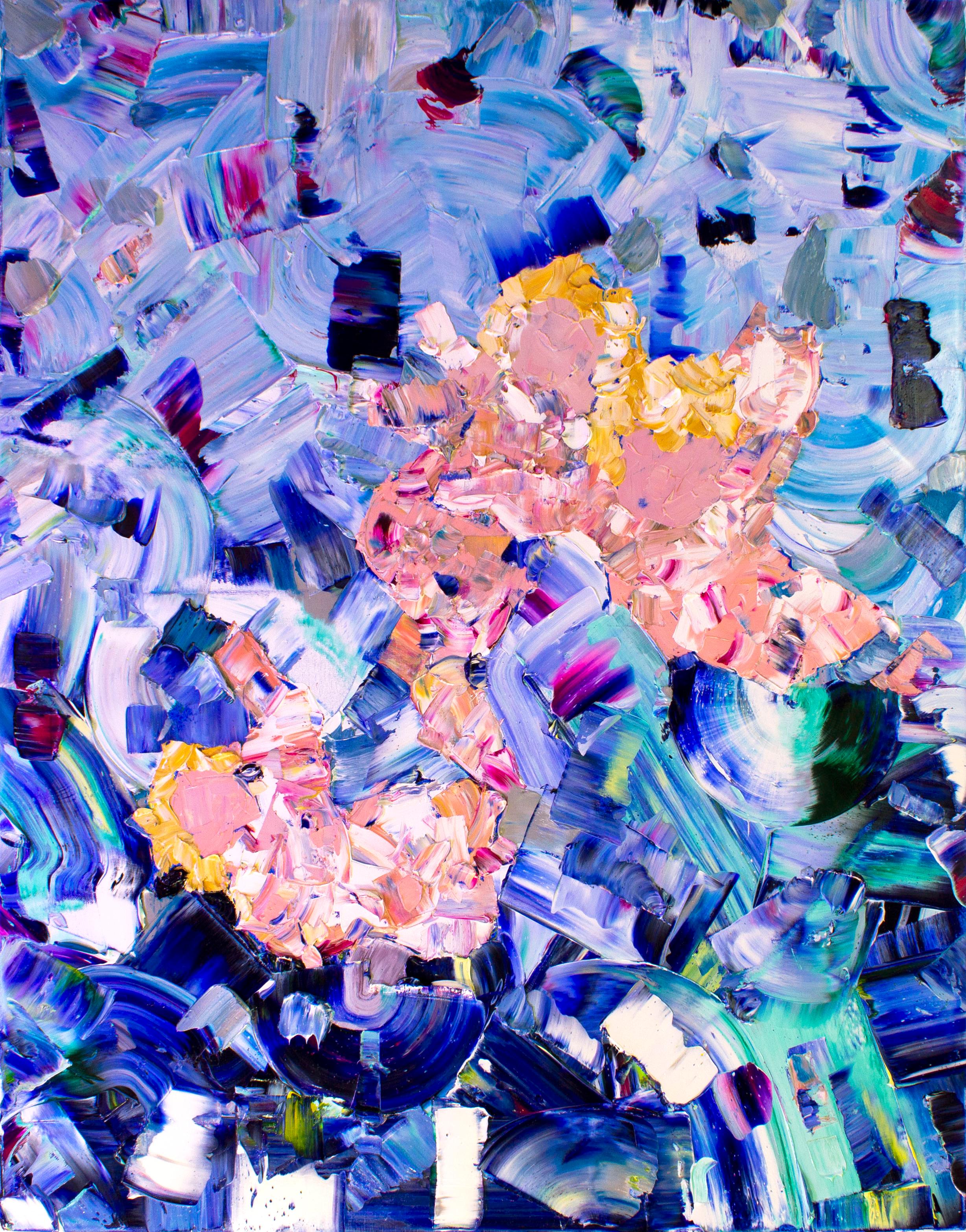 Tres Putti sobre Azul, Pintura al óleo con textura y color, figuras abstractas de ángeles
