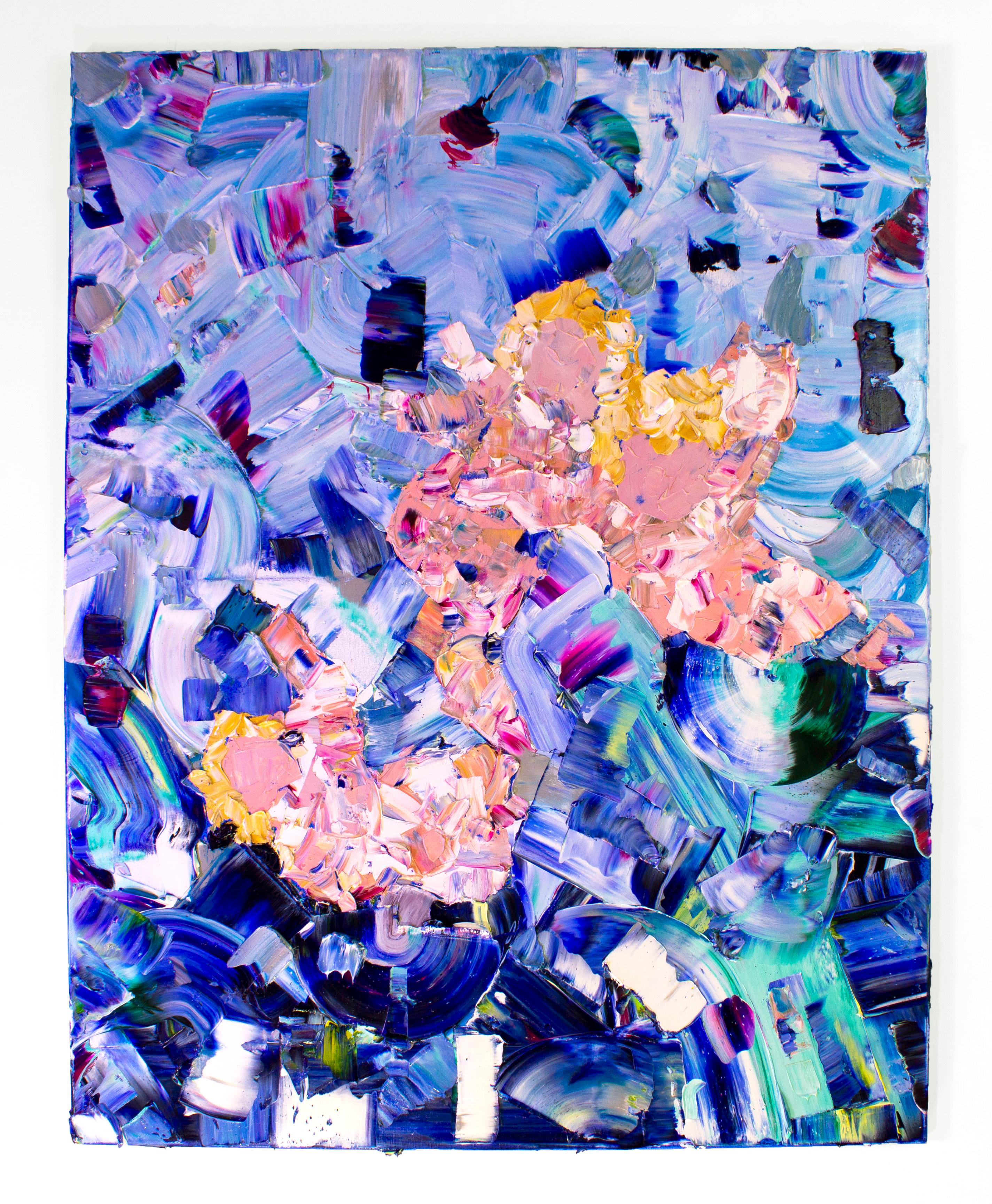 Trois putti au bleu, texturé et coloré, figures d'anges abstraits - Painting de Matteo Mauro