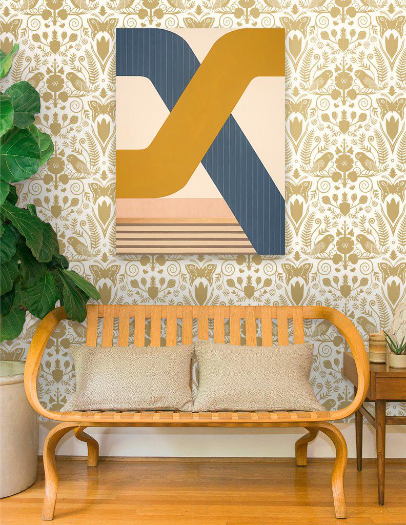 Pinstripe Cross, striking modern geometric abstract painting, bright palette - Painting by Kazaan Viveiros