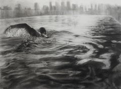 Rooftop Pool, dynamic realistic charcoal on paper of swimmer, water and city 