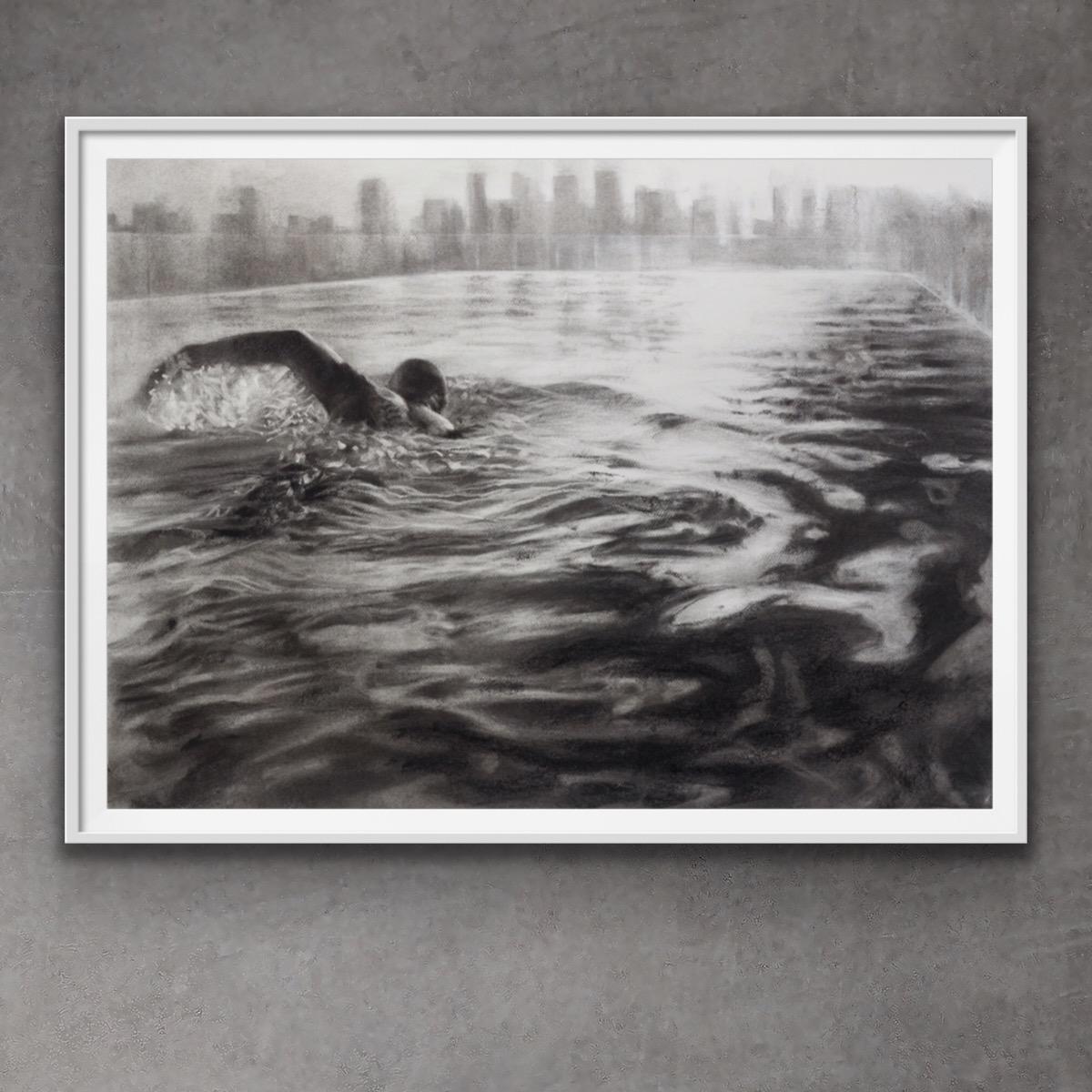 Rooftop Pool, dynamic realistic charcoal on paper of swimmer, water and city  - Art by Patsy McArthur