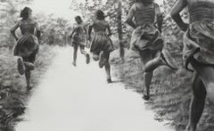 The Path, realistic figurative charcoal on paper of girls running in nature