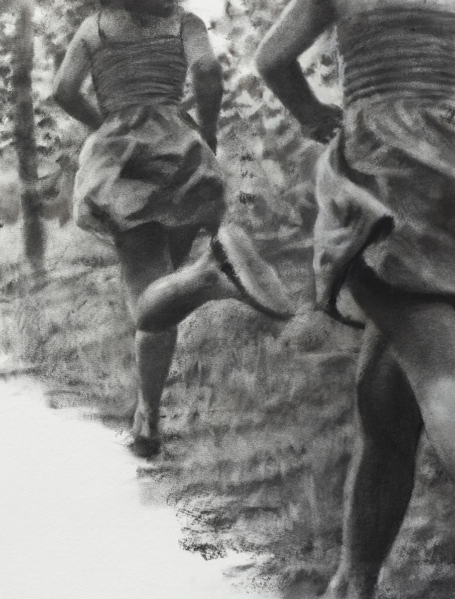 The Path, realistic figurative charcoal on paper of girls running in nature - Realist Art by Patsy McArthur