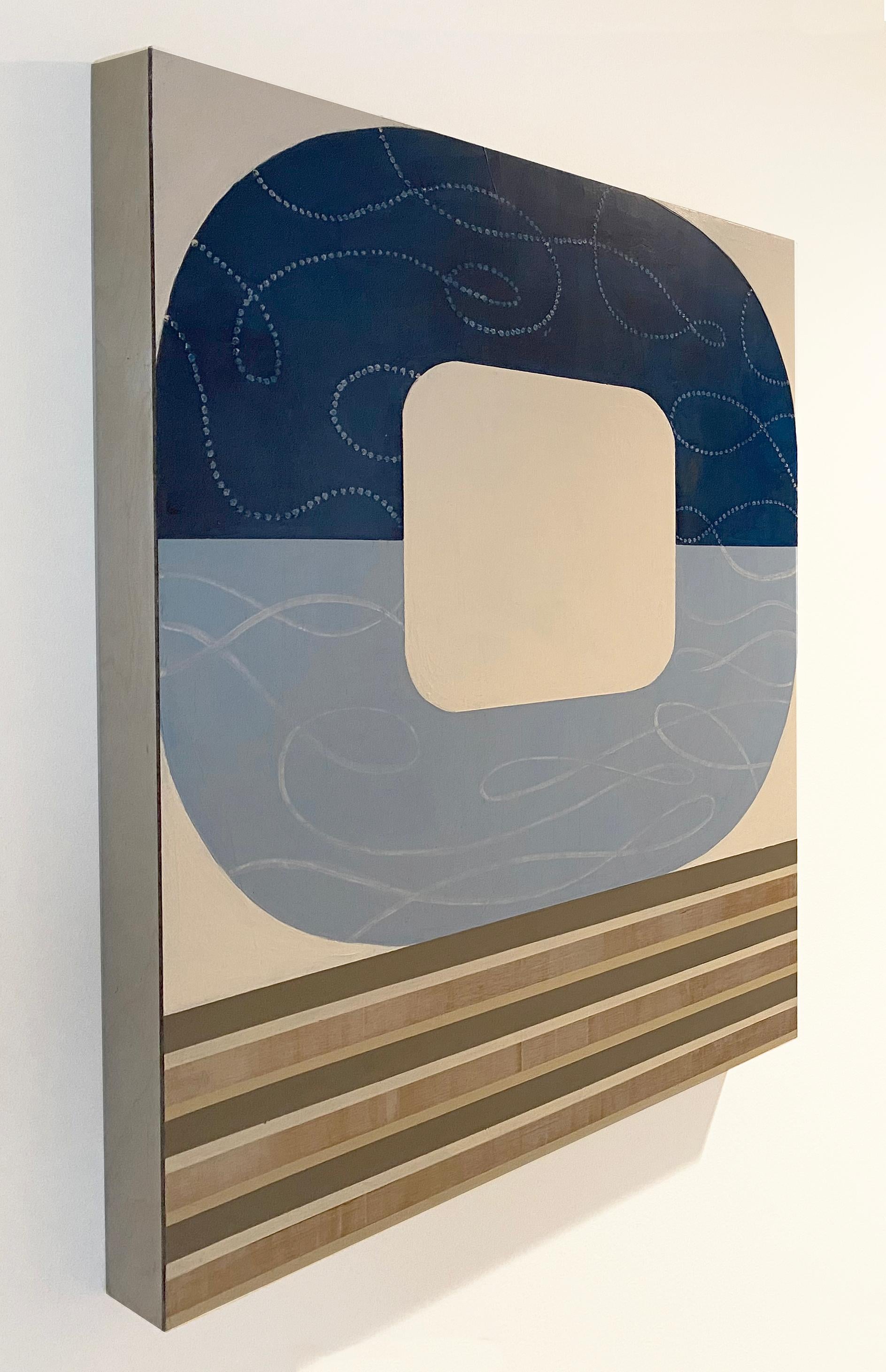 Moonlight Musing, striking geometric abstract painting, modern blue palette - Painting by Kazaan Viveiros