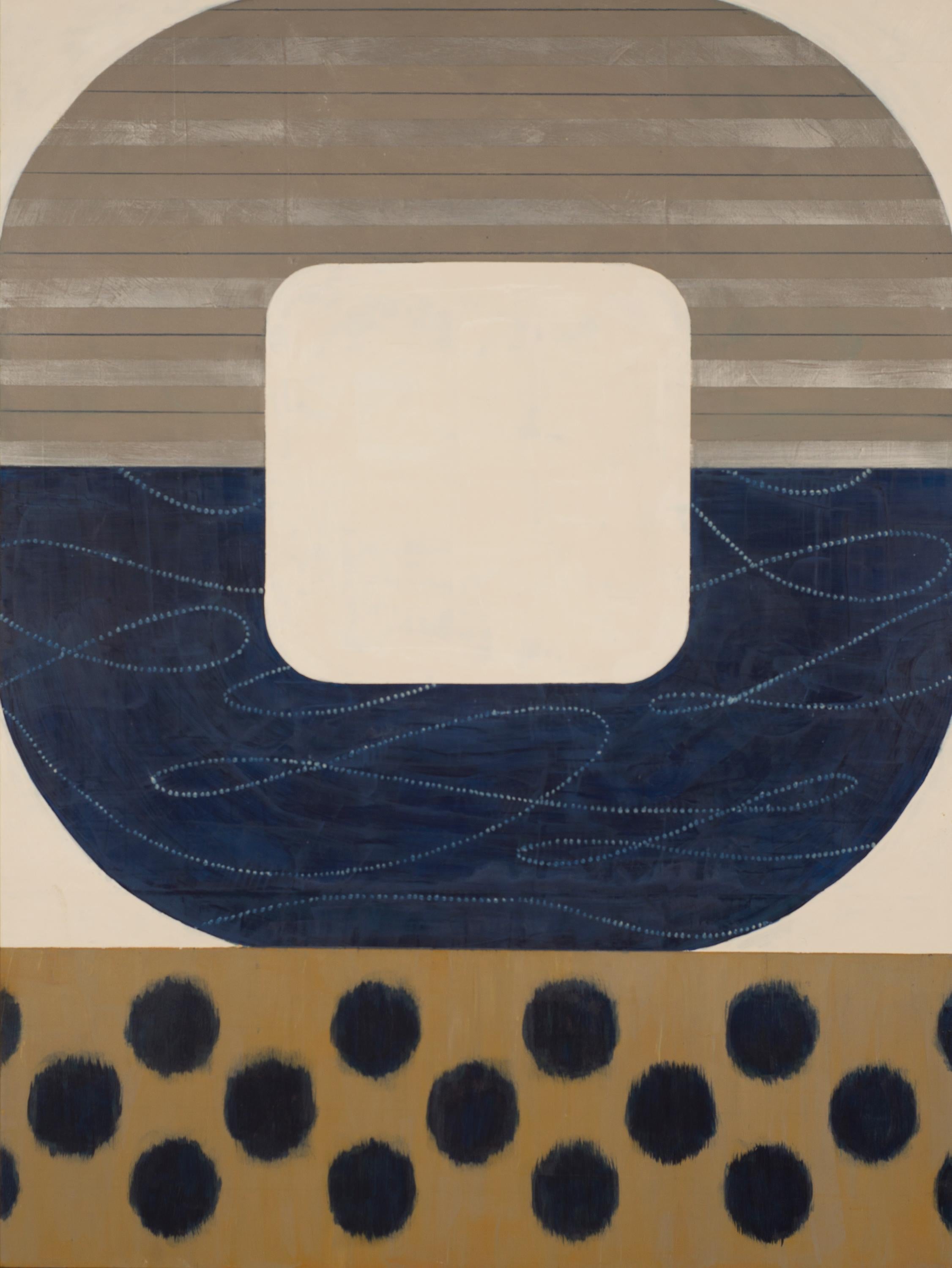 Kazaan Viveiros Still-Life Painting – Midnight Ikat, auffälliges geometrisches abstraktes Gemälde, moderne Farbpalette in Blau und Beige
