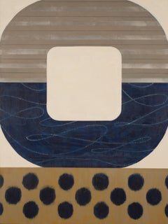Midnight Ikat, sorprendente quadro astratto geometrico, moderna tavolozza di blu e beige