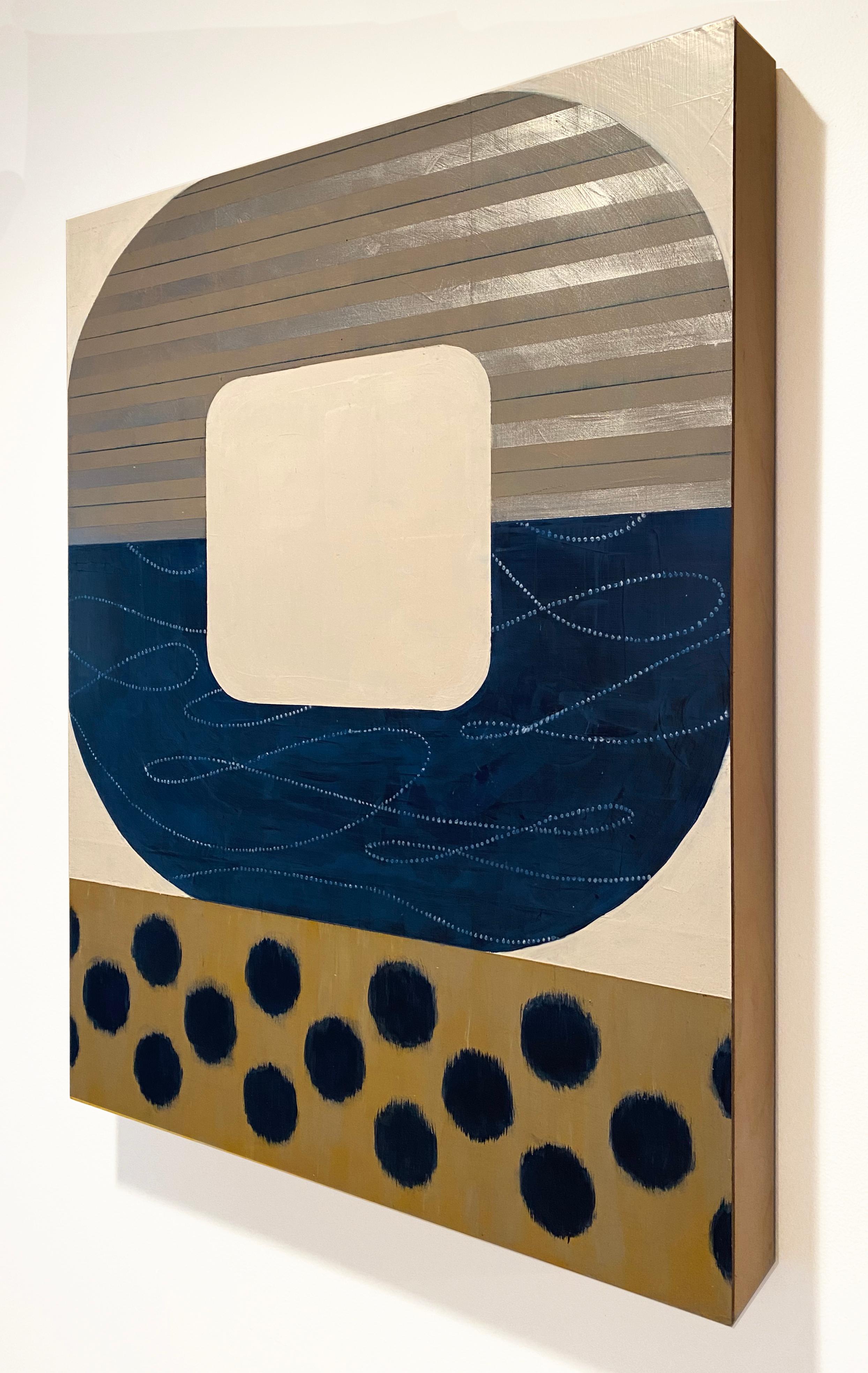 Midnight Ikat, auffälliges geometrisches abstraktes Gemälde, moderne Farbpalette in Blau und Beige (Abstrakt), Painting, von Kazaan Viveiros