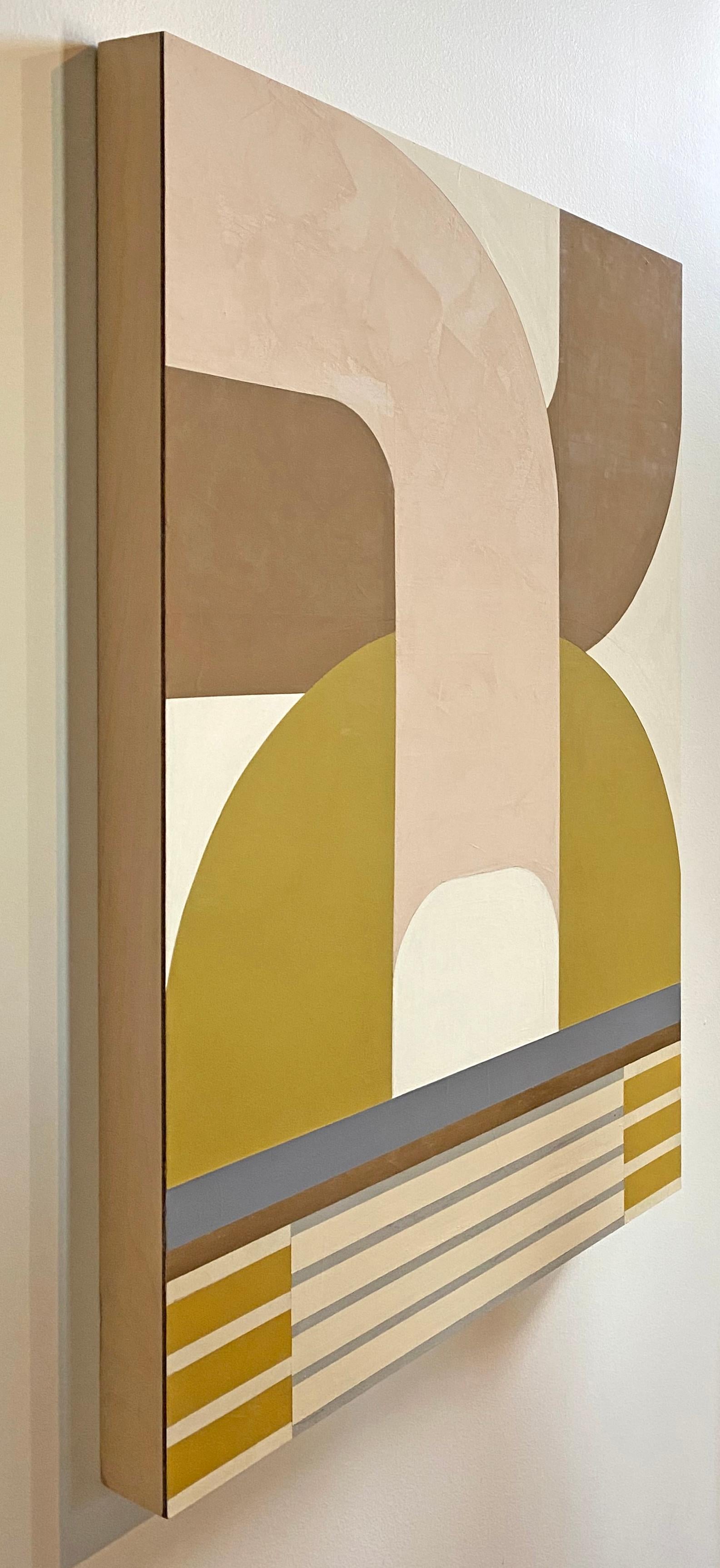 Track Shift, auffälliges modernes geometrisches abstraktes Gemälde mit weicher Farbpalette – Painting von Kazaan Viveiros