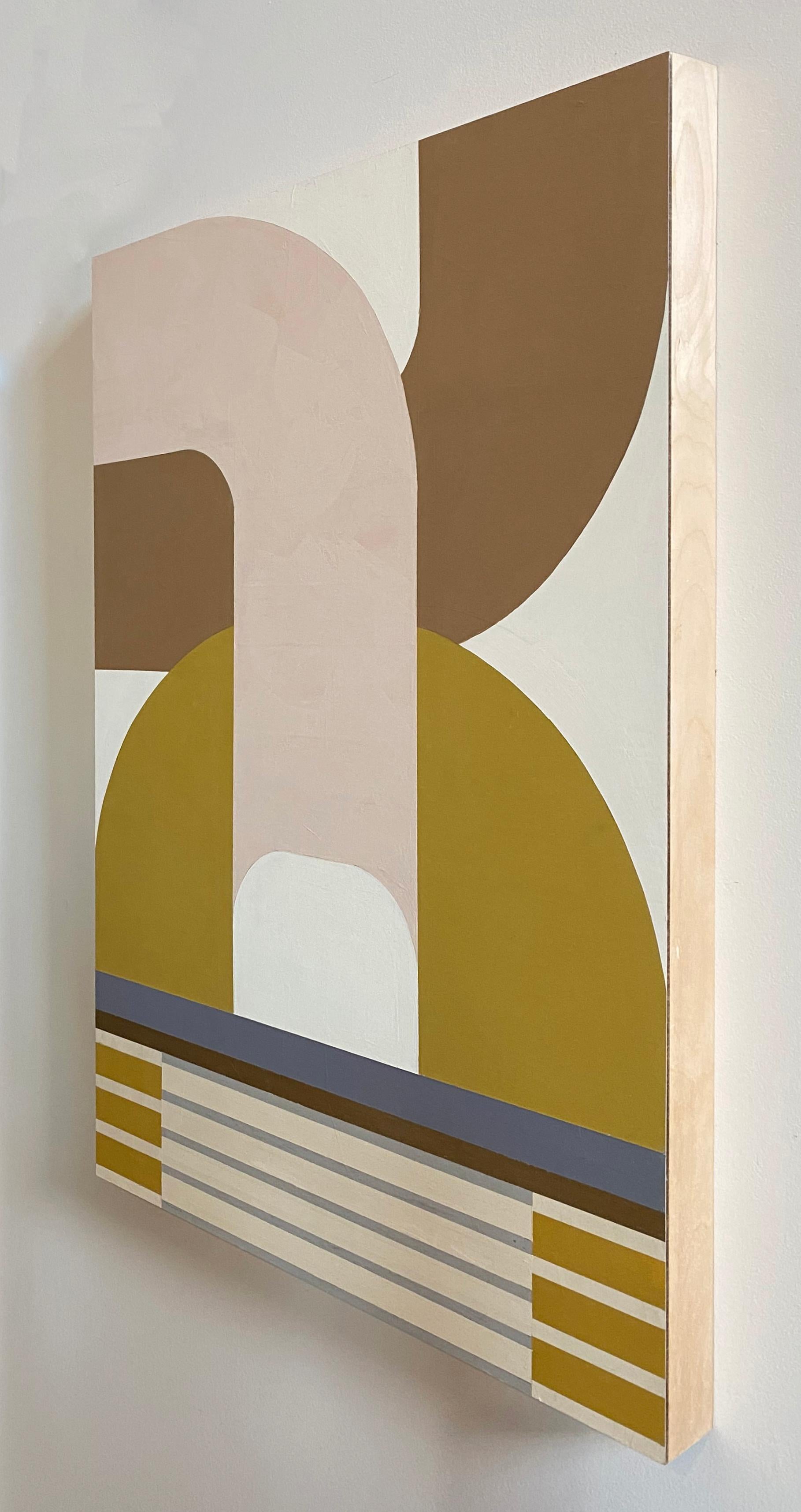 Track Shift, auffälliges modernes geometrisches abstraktes Gemälde mit weicher Farbpalette (Abstrakt), Painting, von Kazaan Viveiros