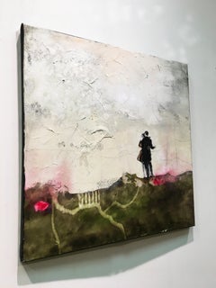 Quelques Mots d'Amour, Textured mixed media square painting w couple embracing