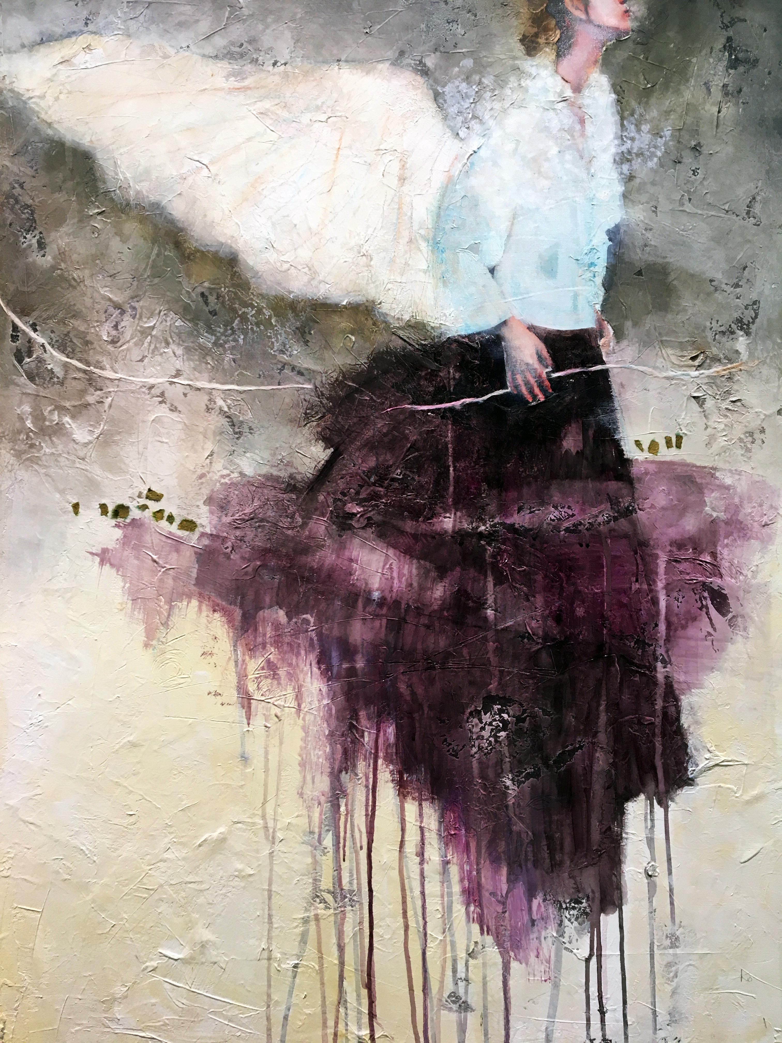 Corine Ko Figurative Painting - Une Presence, Textured mixed media painting with poetic flying woman and wings