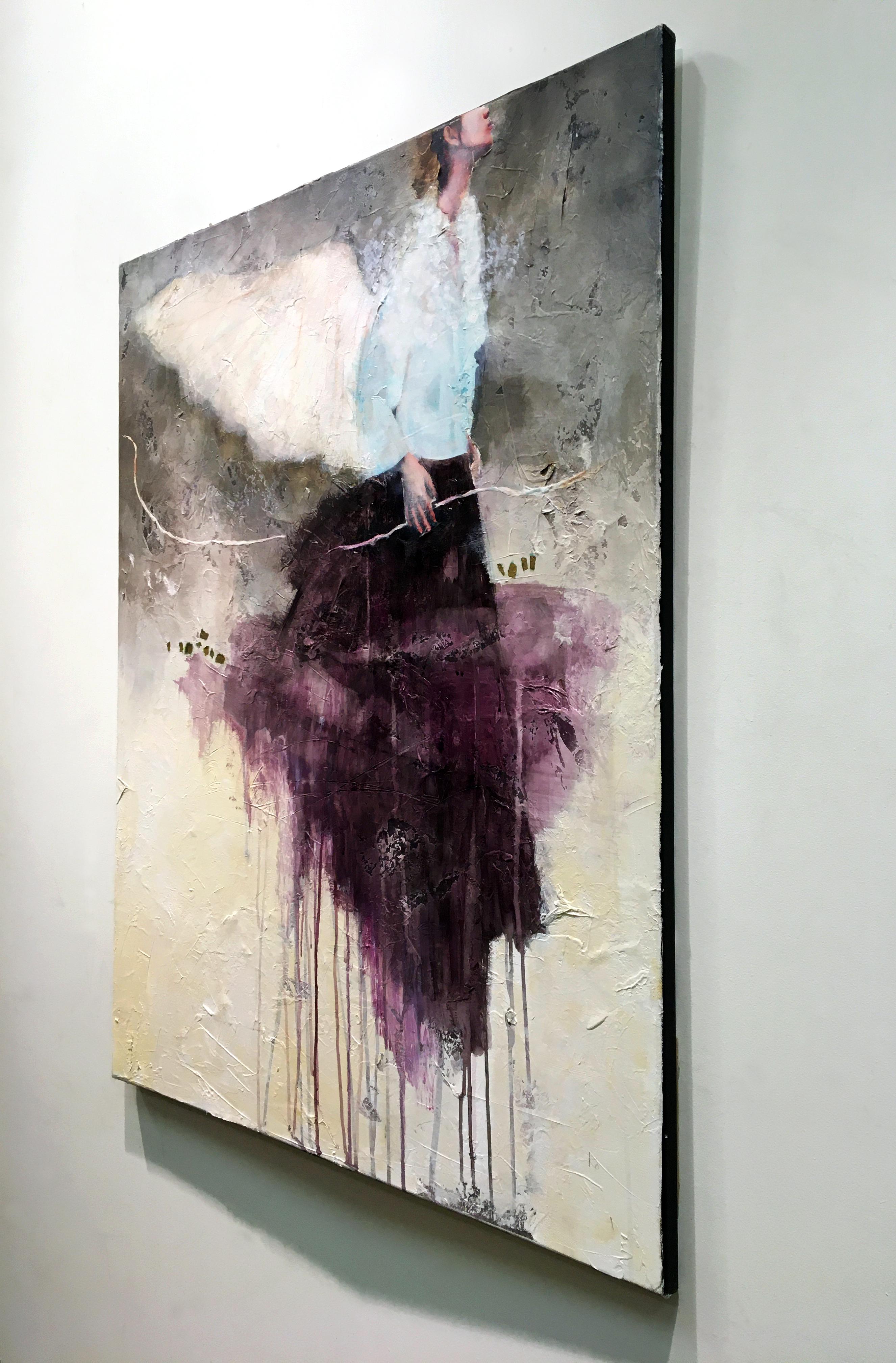 Une Presence, Textured mixed media painting with poetic flying woman and wings - Painting by Corine Ko