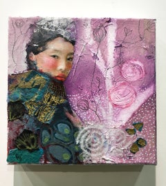 Hivernale - Textured mixed media square painting w couple embracing on canvas